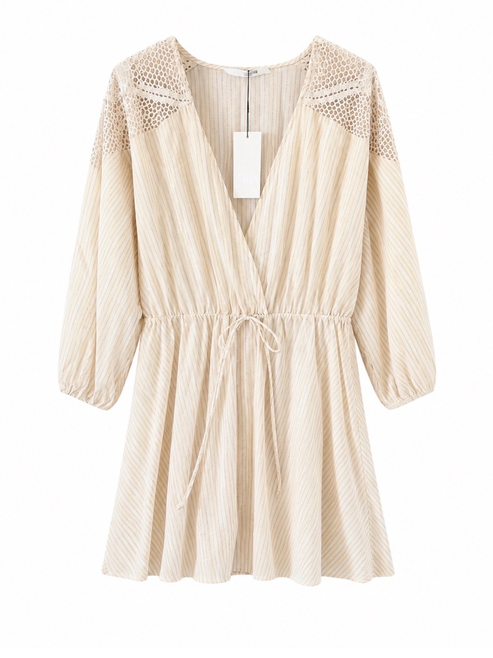 Zara Cream and White Striped Crochet-Trim Sheer Dress NWT